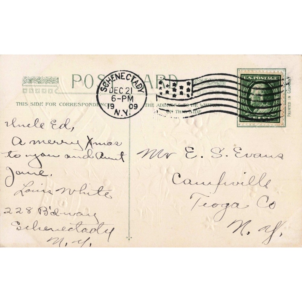 Vintage 1909 Christmas Postcard Embossed Holly Gold Bells Schenectady NY Germany - Picture 2 of 2
